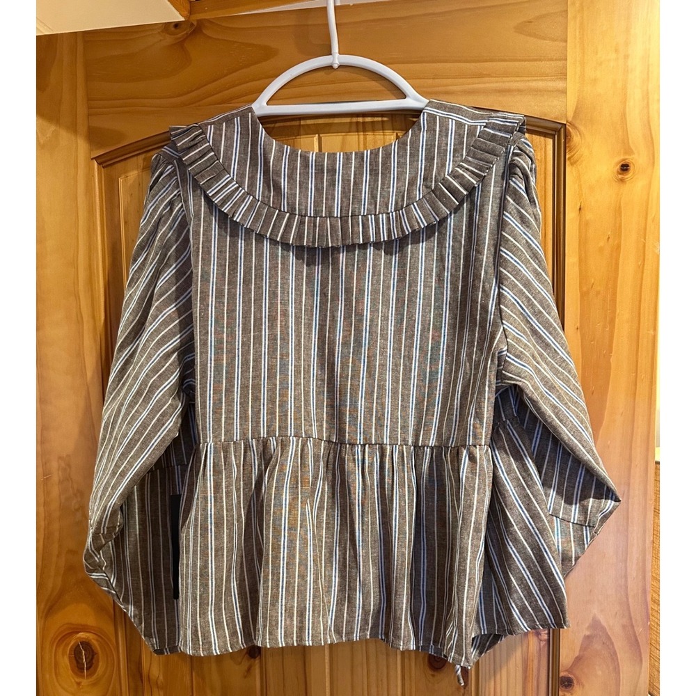 Tuckernuck Dove Stripe Linen Bethany Blouse Brown Blue Wrap Top Size L NWT - Picture 6 of 7